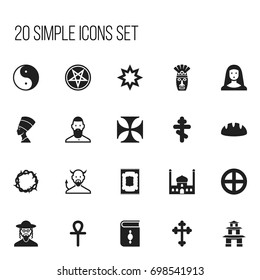 Set Of 20 Editable Religion Icons. Includes Symbols Such As Baphomet Symbol, Baguette, Satan And More. Can Be Used For Web, Mobile, UI And Infographic Design.