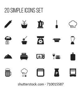 Set Of 20 Editable Restaurant Icons. Includes Symbols Such As Oven, Plates With Glass, Skimmer And More. Can Be Used For Web, Mobile, UI And Infographic Design.