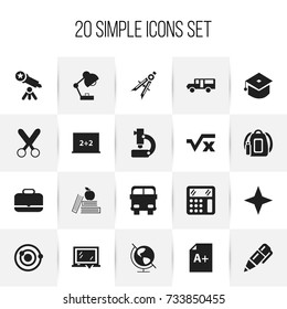 Set Of 20 Editable School Icons. Includes Symbols Such As Calculate, Earth Planet, Transport Vehicle And More. Can Be Used For Web, Mobile, UI And Infographic Design.