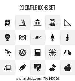Set Of 20 Editable Science Icons. Includes Symbols Such As Fresh Fruit, Teacher, Diplomaed Male And More. Can Be Used For Web, Mobile, UI And Infographic Design.