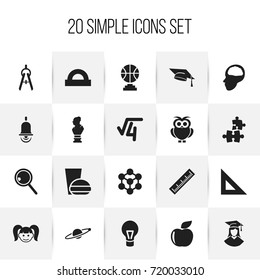 Set Of 20 Editable Science Icons. Includes Symbols Such As Graduated Female, Jigsaw, Alarm Bell And More. Can Be Used For Web, Mobile, UI And Infographic Design.