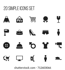 Set Of 20 Editable Shopping Icons. Includes Symbols Such As Cart, Swimming Trunks, Monitor And More. Can Be Used For Web, Mobile, UI And Infographic Design.