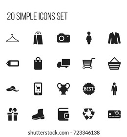 Set Of 20 Editable Shopping Icons. Includes Symbols Such As Madam, Photographing, Cardigan And More. Can Be Used For Web, Mobile, UI And Infographic Design.