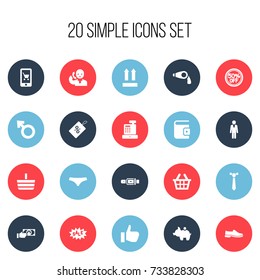 Set Of 20 Editable Shopping Icons. Includes Symbols Such As Okay, Strap, Billfold And More. Can Be Used For Web, Mobile, UI And Infographic Design.