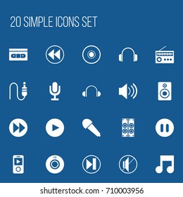 Set Of 20 Editable Song Icons. Includes Symbols Such As Retro Tuner, Next, Forward And More. Can Be Used For Web, Mobile, UI And Infographic Design.