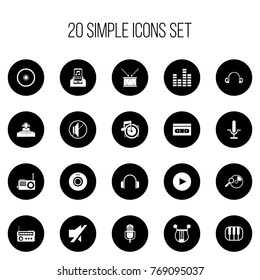 Set Of 20 Editable Song Icons. Includes Symbols Such As Media Device, Play Button, Timpano And More. Can Be Used For Web, Mobile, UI And Infographic Design.