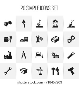Set Of 20 Editable Structure Icons. Includes Symbols Such As Brush With Bucket, Bulldozer, Mending And More. Can Be Used For Web, Mobile, UI And Infographic Design.