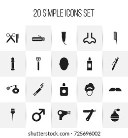 Set Of 20 Editable Tonsorial Artist Icons. Includes Symbols Such As Coiffure, Hackle, Aroma And More. Can Be Used For Web, Mobile, UI And Infographic Design.