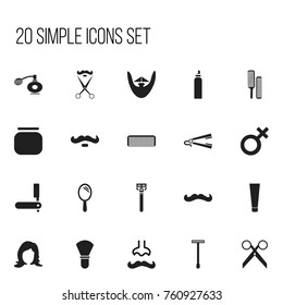 Set Of 20 Editable Tonsorial Artist Icons. Includes Symbols Such As Cream, Whiskers, Hair Mousse And More. Can Be Used For Web, Mobile, UI And Infographic Design.