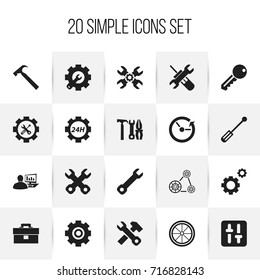 Set Of 20 Editable Toolkit Icons. Includes Symbols Such As Mechanic Cogs, Handle Hit, Wrench. Can Be Used For Web, Mobile, UI And Infographic Design.
