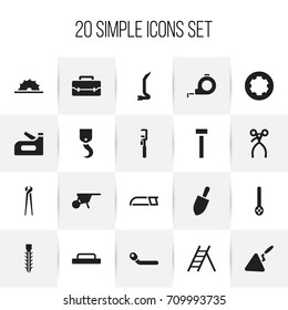 Set Of 20 Editable Tools Icons. Includes Symbols Such As Handcart, Staircase, Sawblade. Can Be Used For Web, Mobile, UI And Infographic Design.