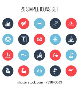 Set Of 20 Editable Training Icons. Includes Symbols Such As Bicycle Rider, Weightlifting, Basketball And More. Can Be Used For Web, Mobile, UI And Infographic Design.