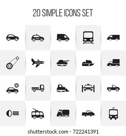 Set Of 20 Editable Transport Icons. Includes Symbols Such As Airplane, Travel Pickup, Tractor And More. Can Be Used For Web, Mobile, UI And Infographic Design.