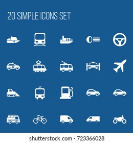 Set Of 20 Editable Transport Icons. Includes Symbols Such As Lorry, Fuel, Delivery And More. Can Be Used For Web, Mobile, UI And Infographic Design.