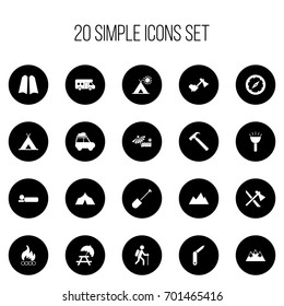 Set Of 20 Editable Trip Icons. Includes Symbols Such As Caravan, Mountain, Axe And More. Can Be Used For Web, Mobile, UI And Infographic Design.