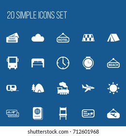 Set Of 20 Editable Trip Icons. Includes Symbols Such As Solar, Overcast, Watch And More. Can Be Used For Web, Mobile, UI And Infographic Design.