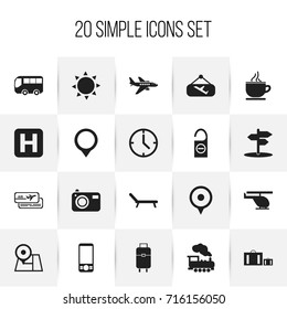 Set Of 20 Editable Trip Icons. Includes Symbols Such As Sunbathing, Navigation, Breakfast And More. Can Be Used For Web, Mobile, UI And Infographic Design.