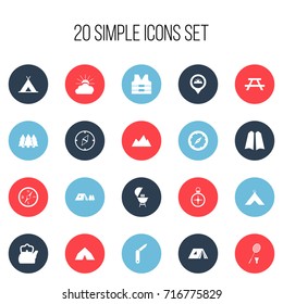 Set Of 20 Editable Trip Icons. Includes Symbols Such As Tabernacle, Tent, Forest And More. Can Be Used For Web, Mobile, UI And Infographic Design.