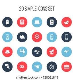 Set Of 20 Editable Trip Icons. Includes Symbols Such As Compass, Tree, Registration And More. Can Be Used For Web, Mobile, UI And Infographic Design.