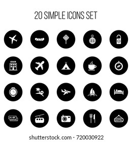 Set Of 20 Editable Trip Icons. Includes Symbols Such As Signboard, Compass, Bratwurst And More. Can Be Used For Web, Mobile, UI And Infographic Design.