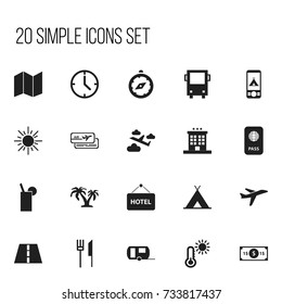Set Of 20 Editable Trip Icons. Includes Symbols Such As Lemonade, Tree, Aviation And More. Can Be Used For Web, Mobile, UI And Infographic Design.