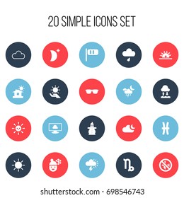 Set Of 20 Editable Weather Icons. Includes Symbols Such As No Flight, Eyeglasses, Solar And More. Can Be Used For Web, Mobile, UI And Infographic Design.