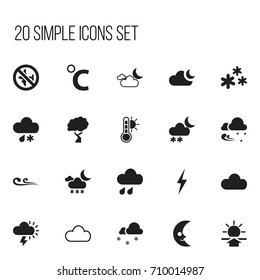 Set Of 20 Editable Weather Icons. Includes Symbols Such As Moonlight, Deluge, Thermometer And More. Can Be Used For Web, Mobile, UI And Infographic Design.