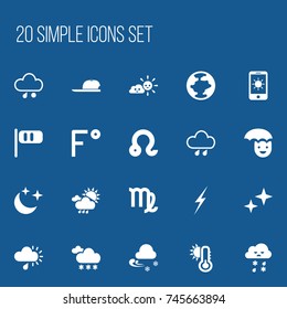Set Of 20 Editable Weather Icons. Includes Symbols Such As Virgin, Fahrenheit, Snowcapped And More. Can Be Used For Web, Mobile, UI And Infographic Design.