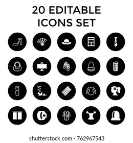 Set of 20 elegance filled and outline icons such as hair curler, woman face with flower in hair, wardrobe, sandals, blouse, woman hat, belt, opened door, tie, restaurant table