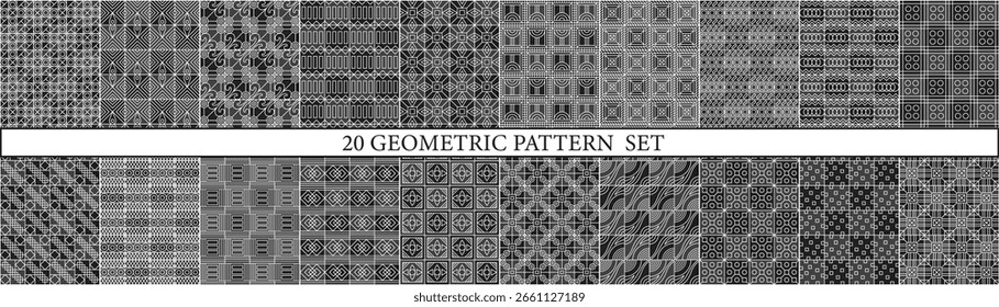 Set von 20 eleganten geometrischen nahtlosen Mustern in Schwarz und Weiß, mit Sechsecken, Bögen, Gittern. Ideal für Hintergründe, Tapeten, Textilien, Branding. Vektor EPS 10. Perfekt für digitale Medien