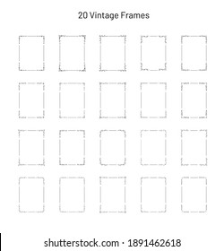 Set of 20 elegant retro vintage ornate frames, corner flourishes, collection of unique rectangle vignette templates, empty art deco style design elements, for pages, blanks, certificates, invitations