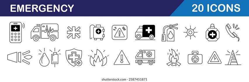 Set of 20 emergency icons, including fire safety, medical aid, ambulance, first aid kit, emergency phone, and warning symbols. Clean, minimalist black and white design for safety and healthcare use.
