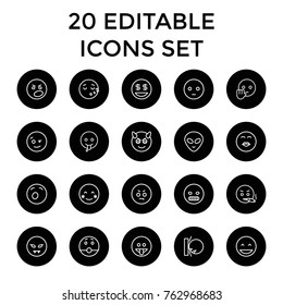 Set of 20 emoticon outline icons such as laughing emot, blush, wink emot, dollar smiley, emoji showing tongue