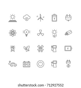 Set of 20 energy industry thin line icons. Solar panel, battery, socket, windmill, lightning, gasoline, green energy, battery-driven car and much more. 64x64 pixel perfect. Vector illustration.