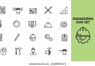 Set of 20 engineering line art vector icons for engineers and technicians