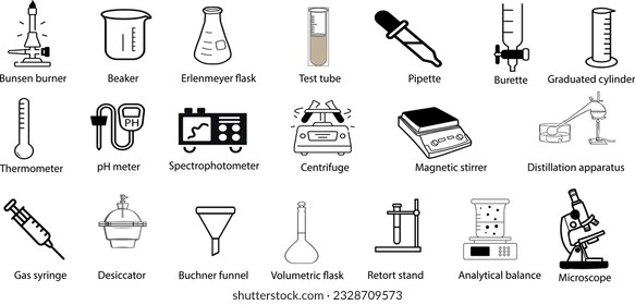 Un conjunto de 20 íconos químicos esenciales. Burner Bunsen, Beaker, Erlenmeyer, Tubo de ensayo, Pipeta, Burette, Cilindro graduado, Termómetro, Medidor de pH, Espectrofotómetro, Centrifugador, Microscopio