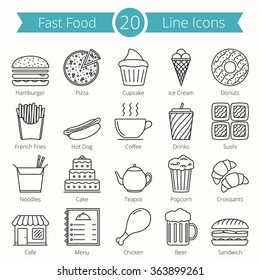 Set of 20 fast food line icons, vector eps10 illustration