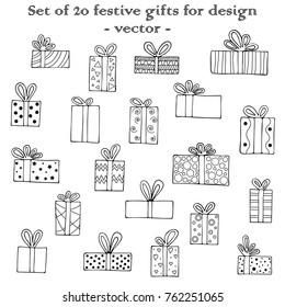 Set of 20 festive gifts for design. Hand-drawn black-and-white vector illustration.
