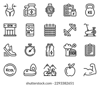 Set of 20 fitness line icons. waist, muscle, schedule, run, slim, award, watch, weight, plan, calendar, gymnastics, running, workout, checklist, gym