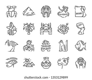 set of 20 flat icons of Egypt culture, design elements isolated on white for web site, app and travel card, vector illustration collection