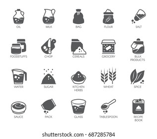Set of 20 flat icons on cookery theme. Ingredients for cooking and kitchen accessories. Logo for various recipes, cookbooks, culinary sites, stores and other projects. Vector illustration