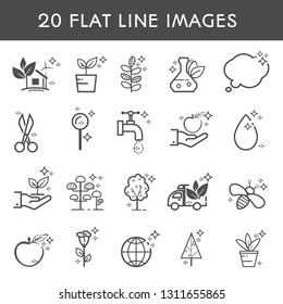 Set 20 flat line icon. Simple icons about products, delivery, plants, planting, caring and ecology. Vector illustration.Vector illustration.