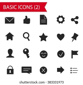 Set of 20 flat style modern icons, collection of icons for mobile and web app (applications) interface design, basic universal simple icon 