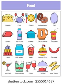 A set of 20 food icons as cheese, crab, cutlery
