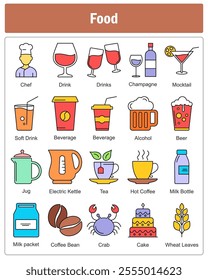 A set of 20 food icons as chef, drink, champagne