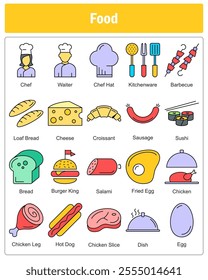 A set of 20 food icons as chef, waiter, chef hat