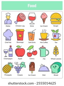 A set of 20 food icons as waiter, chicken leg, drink
