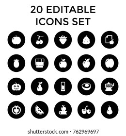Set of 20 fruit filled icons such as berry, pear, peach, apple, cherry, slot machine, apple on book, raspberry, paper and apple, tomato, pumpkin haloween, drink, avocado