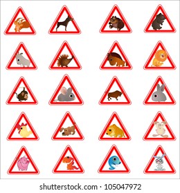 Set of 20 funny animals designed as warning road signes