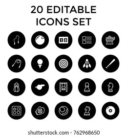 Set of 20 game filled and outline icons such as disc, bowling ball, golf, skipping rope, target, shuttlecock, sport score, whistle, baseball bat, from toy for beach